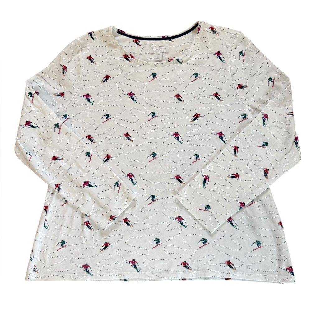 Charter Club Supima Cotton Knit Long Sleeve Shirt Ski Novelty Print Womens XL